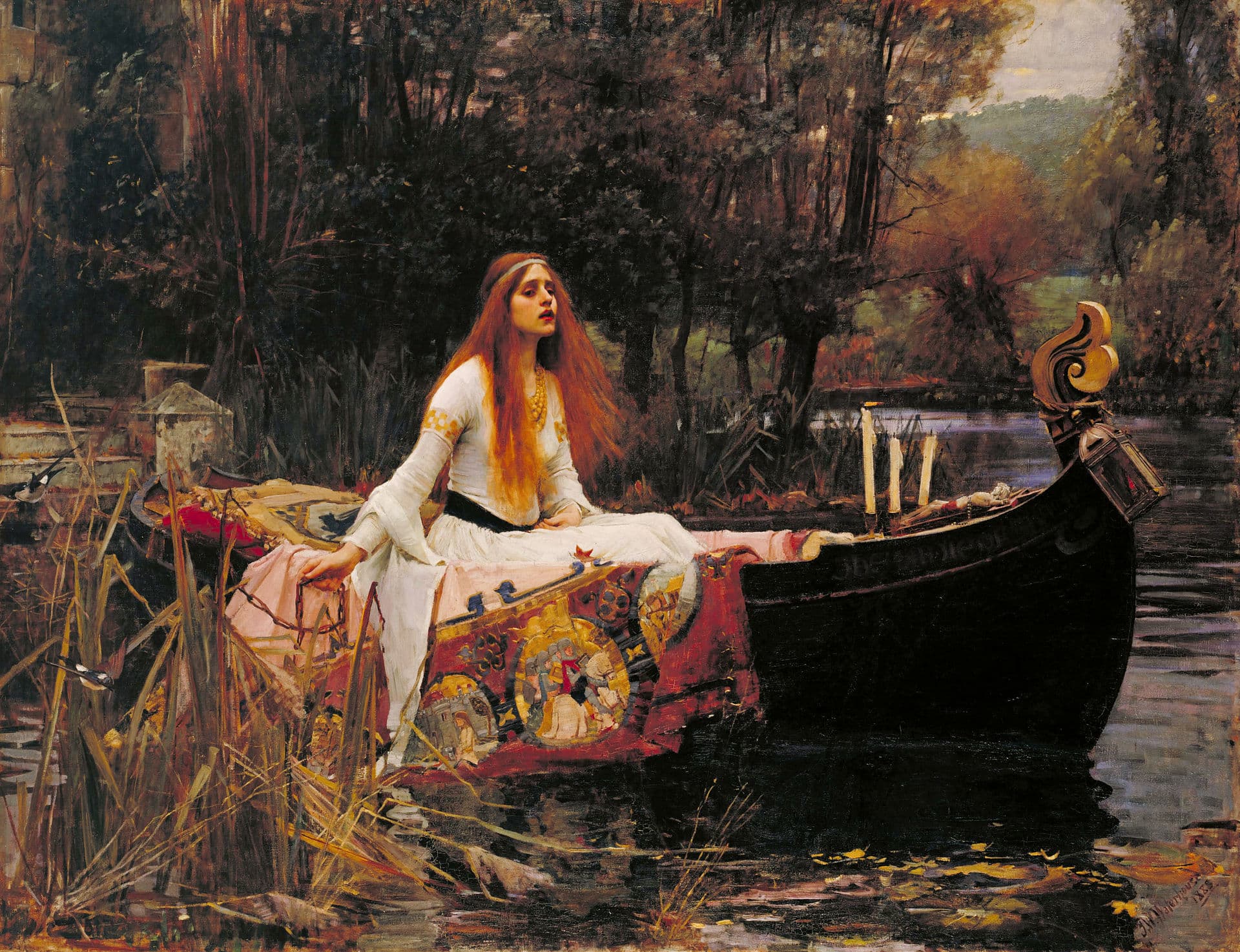The Lady of Shalott by John William Waterhouse (1888). Waterhouse's Anima — the interior feminine, leaving the tower into the river of her own becoming.