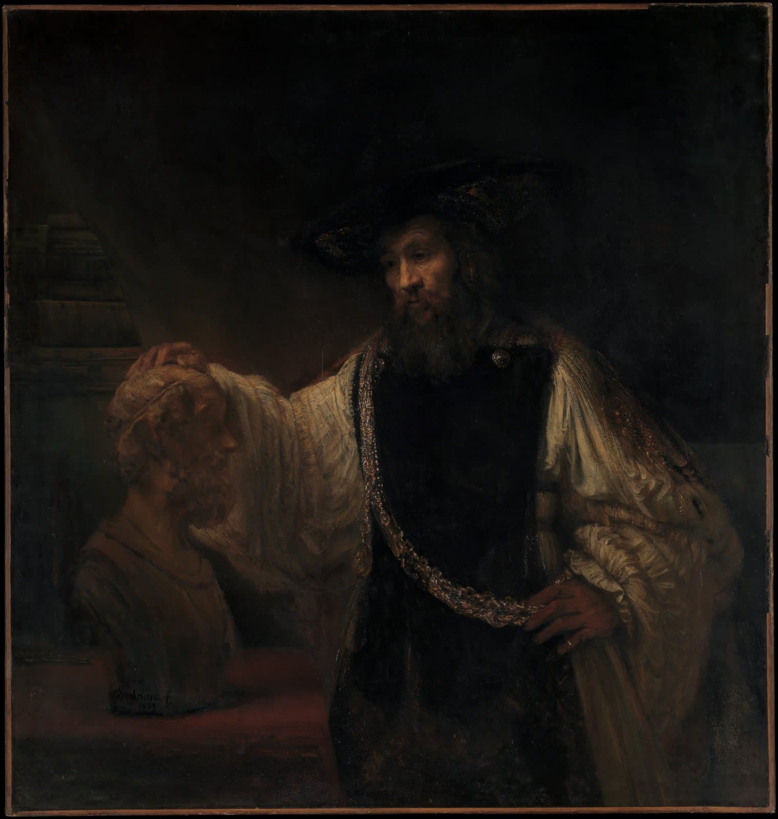 Aristotle with a Bust of Homer by Rembrandt van Rijn (1653). The living thinker meets the dead poet through touch. One Wise Old Man recognizing another.