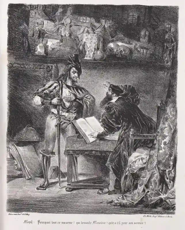 Eugène Delacroix, Méphistophélés visits Faust, lithograph, 1828